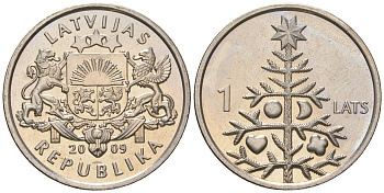 Латвия 1 лат 2009 рождественская ель KM 106 медно-никель UNC 66-538