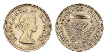 ЮАР 3 пенса 1957 Елизавета II (1952-2022) KM 47 серебро 4547-737