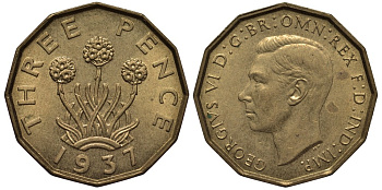 Великобритания 3 пенса 1937 Георг VI (1936-1952) KM 849, Spink 4112 никель латунь 4538-1113