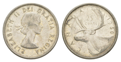 Канада 25 центов 1960 Елизавета II (1952-2022), олень KM 52 серебро 73-1655