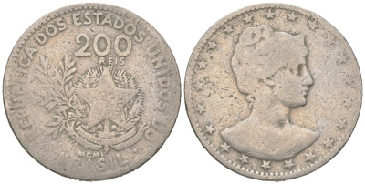 Бразилия 200 реалов 1901 MCMI, голова свободы вправо KM 504 медно-никель 4612-143