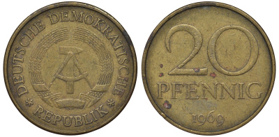 ГДР 20 пфеннигов 1969 А, первый год KM 11 латунь 62-1023