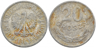 ПОЛЬША 20 ГРОШЕЙ 1963 MW KM А47 алюминий 4448-334