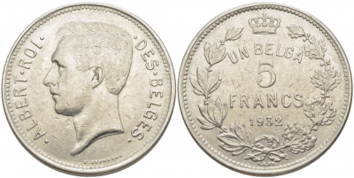 БЕЛЬГИЯ 5 ФРАНКОВ 1932 BELGES KM 97.1 никель 114-831