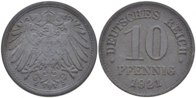 ГЕРМАНИЯ 10 ПФЕННИГОВ 1921 KM 26, J. 299 цинк 77-947