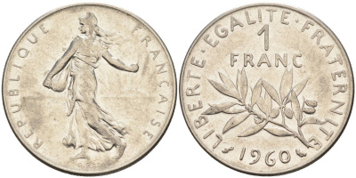 Франция 1 франк 1960 сеятель, тип Semeuse KM 925, Le Franc 226.5 никель 4592-1052