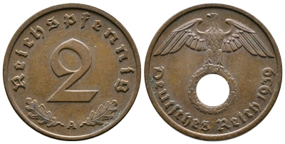 Германия 2 рейхспфеннига 1939 A KM 90, J. 362 бронза 220-566