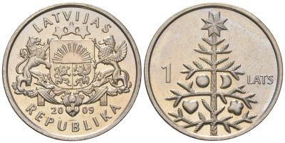Латвия 1 лат 2009 рождественская ель KM 106 медно-никель UNC 66-538