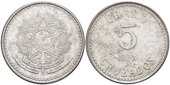 Бразилия 5 крузадо 1987 реформа (1986-1989) KM 606 нержавеющая сталь 33-1221