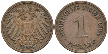 ГЕРМАНИЯ 1 ПФЕННИГ 1894 E KM 10, J. 10, Weege 2 медь 211-164