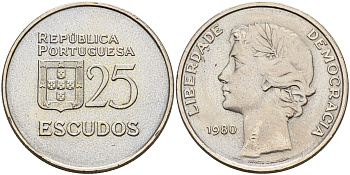Португалия 25 эскудо 1980 первый год KM 607а медно-никель    4157-731
