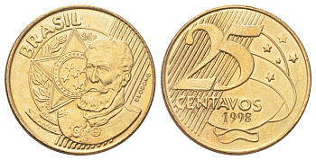 Бразилия 25 сентаво 1998 KM 650 сталь плакированная латунью UNC 4646-632
