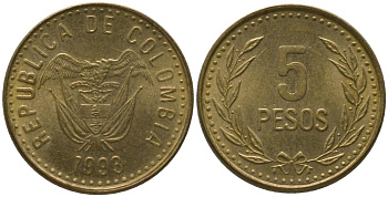 Колумбия 5 песо 1993 KM 280 алюминиевая бронза 4528-1156