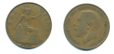 Великобритания 1 пенни 1921 Георг V (1910-1936) KM 810, Spink 4051 бронза 4383-625