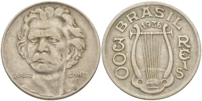 БРАЗИЛИЯ 300 РЕЙС 1936 БРАЗИЛЬСКИЙ КОМПОЗИТОР АНТОНИО КАРЛОС ГОМЕС (1836-1896), АРФА KM 538 медно-никель 4529-613