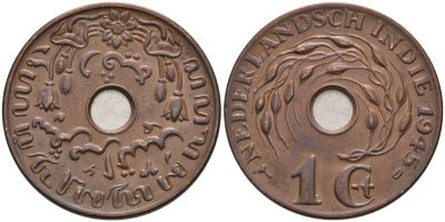 Нидерландская Ост-Индия 1 цент 1945 D, Вильгельмина (1890-1948) KM 317 бронза 4575-1026