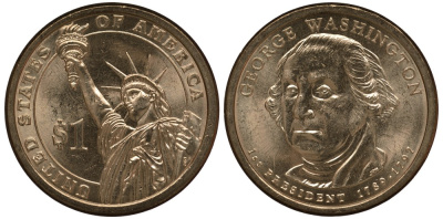 США 1 доллар 2007 P, серия президенты США, Джордж Вашингтон (1789-1797), из ролла KM 401 медь с марганцево-латунным покрытием UNC M1-01