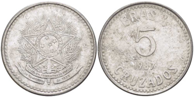 Бразилия 5 крузадо 1987 реформа (1986-1989) KM 606 нержавеющая сталь 33-1221
