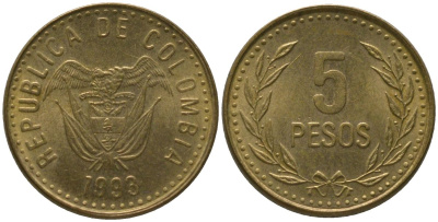Колумбия 5 песо 1993 KM 280 алюминиевая бронза 4528-1156