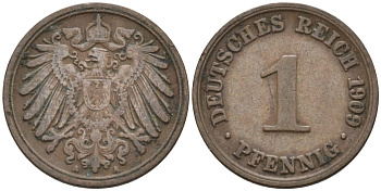 Германия 1 пфенниг 1909 A KM 10, J. 10 медь 4576-118