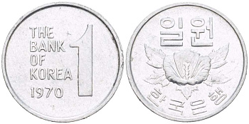 Южная Корея 1 вона 1970 роза шарона KM 4а алюминий 218-1166