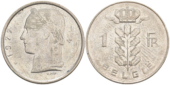 БЕЛЬГИЯ 1 ФРАНК 1977 BELGIE KM 143.1 медно-никель 187-929