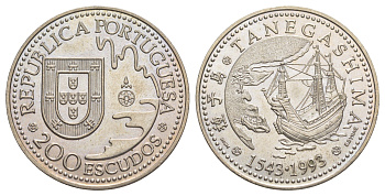 Португалия 200 эскудо 1993 450 лет с момента первой высадки в Японии на острове Танегасима KM 665 медно-никель UNC 4677-115