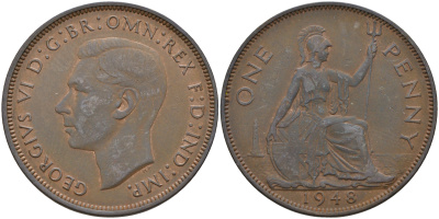 Великобритания 1 пенни 1948 Георг VI (1936-1952) KM 845, Spink 4114 бронза 4593-235