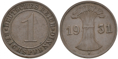 ГЕРМАНИЯ 1 РЕЙХСПФЕННИГ 1931 F KM 37, J. 313 бронза 73-1527