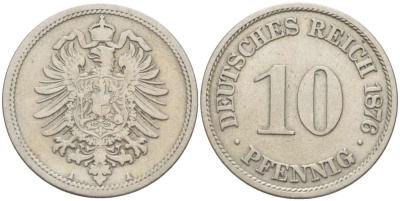 Германия 10 пфеннигов 1876 A, старогербовка KM 4, Jager 4, Weege 7 медно-никель 4516-724