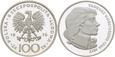 Польша 100 злотых 1976 MW, Тадеуш Костюшко (1746-1817) KM 82, Parchimowicz 274 серебро PROOF 1084-10-72
