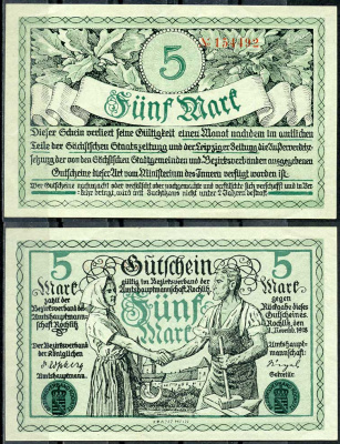 Германия, Рохлиц 5 марок 1918 нотгельд, 1.11.1918, союз крестьян и рабочих Geiger 451.03  бумага  UNC (пресс) 444-90-1-1