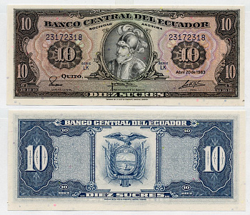 Эквадор 10 сукре 1983 Себастьян де Белалькасар Pick 114b бумага aUNC 6352-1-3