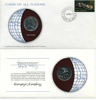 ОСТРОВА КУКА 20 ЦЕНТОВ 1983 КОНВЕРТ С МАРКОЙ ПЕРВОГО ДНЯ ГАШЕНИЯ, COINS OF NATIONS KM 5 медно-никель UNC 4294-56-1