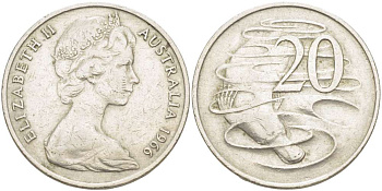 Австралия 20 центов 1966 Елизавета II (1952-2022), утконос KM 66 медно-никель 4521-114