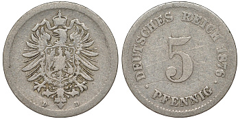 Германия 5 пфеннигов 1876 D, старогербовка KM 3, J. 3 медно-никель 51-3453