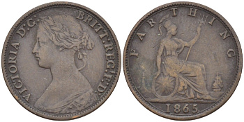 Великобритания 1 фартинг 1865 Виктория (1837-1901) KM 747.2, Spink 3958 бронза 4543-842