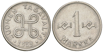 Финляндия 1 марка 1959 KM 36a железо плакированная никелем 4594-365