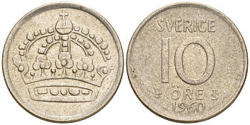 Швеция 10 эре 1960 T;S, Густав VI Адольф (1950-1973) KM 823 серебро 4528-647