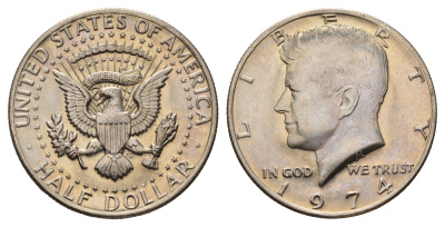 США 1/2 доллара (50 центов) 1974 Джон Кеннеди KM 202b медь плакированная медно-никелем UNC 4672-534