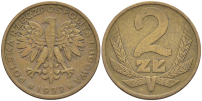 ПОЛЬША 2 ЗЛОТЫХ 1977 KM 80.1 латунь 187-944