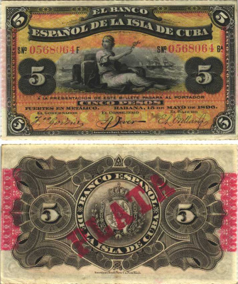 Куба 5 песо 1896 Испанская Администрация, красная надпечатка PLATA Pick 48b бумага аUNC 451-456-3