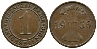 Германия 1 рейхспфенниг 1936 A KM 37, J. 313 бронза 220-154