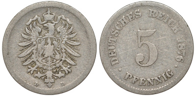 Германия 5 пфеннигов 1876 D, старогербовка KM 3, J. 3 медно-никель 51-3453