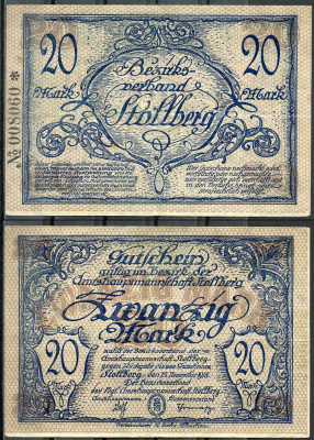 Германия, Штольберг 20 марок 1918 нотгельд, 15.11.1918, цифры черные, крупные Geiger 511.02  бумага   444-119-2-2