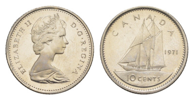 Канада 10 центов 1971 Елизавета II (1952-2022), парусник KM 77 никель PROOF-LIKE (BU) 4630-961