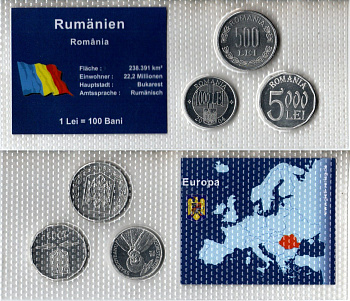 Румыния набор из 3 монет (500, 1000 и 5000 леев) 2000, 2002 и 2004 в красочной упаковке с информацией о стране KM 145, 153 и 158 алюминий UNC 2-6-3-145