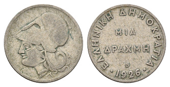 Греция 1 драхма 1926 Афина в коринфском шлеме, год-тип KM 69 медно-никель 27-234