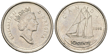 Канада 10 центов 1998 Елизавета II (1952-2022), парусник KM 183 никель 4381-927
