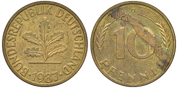 ФРГ 10 пфеннигов 1987 D KM 108, J. 383 сталь плакированная латунью 4132-556